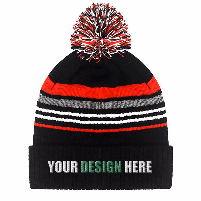 Strip Embroidered Pom Knitted Beanie