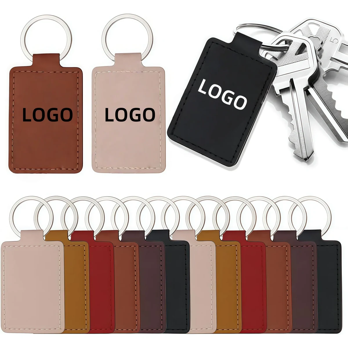 Lychee Pattern PU Leather Keychain With Metal Rings 1