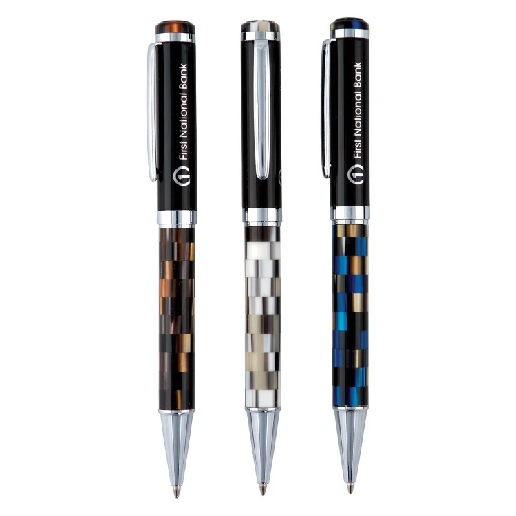 Geo Brass Marble Twist Action Ballpoint Pen w/ Geometric Design 1