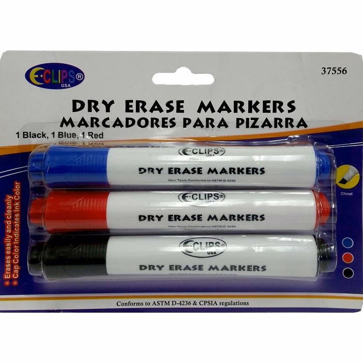 Dry Erase Markers - Black Blue & Red Chisel Tip