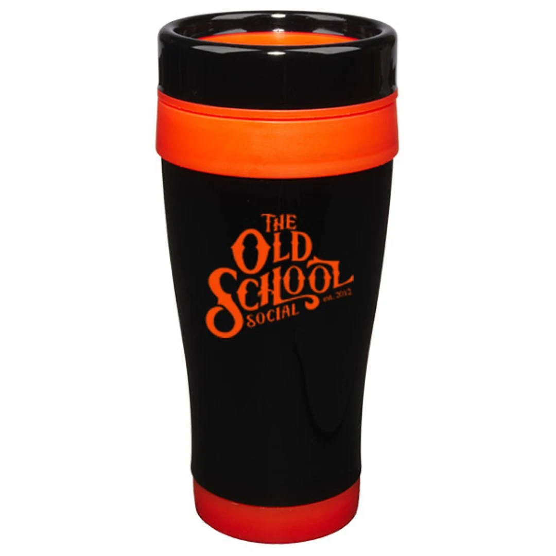 14 oz Formula Seven Stainless Steel Travel Mug with Black Lid And Orange Accents 1