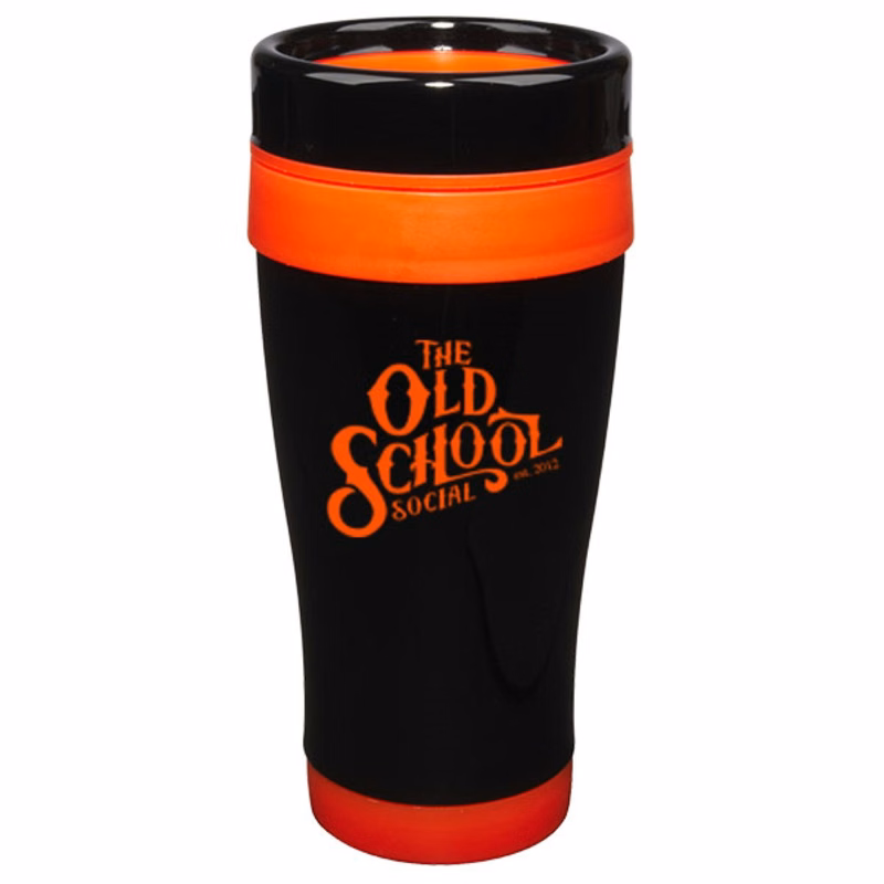 14 oz Formula Seven Stainless Steel Travel Mug with Black Lid And Orange Accents