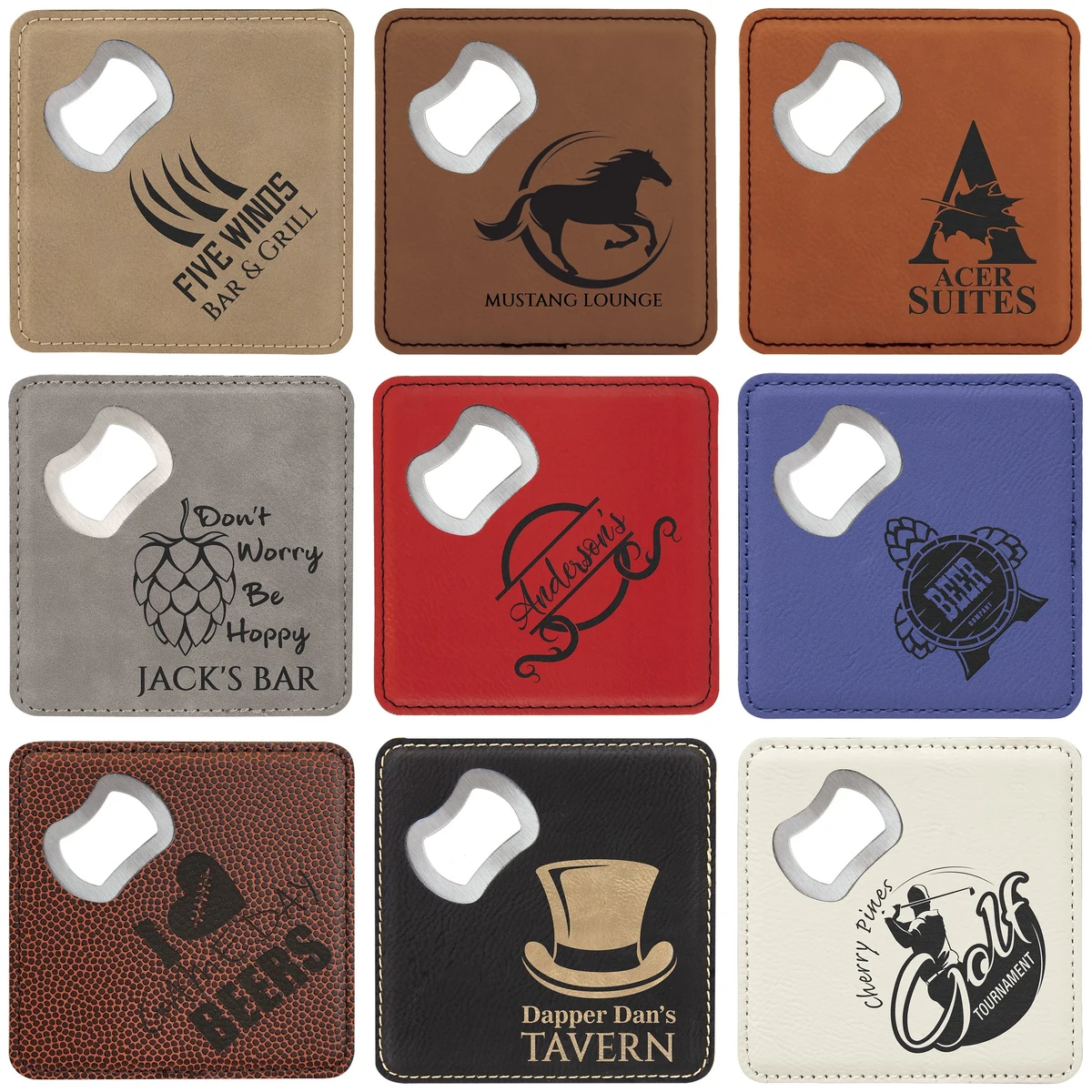 4" x 4" Laserable Leatherette Square Coaster with Built-In Bottle Opener 1