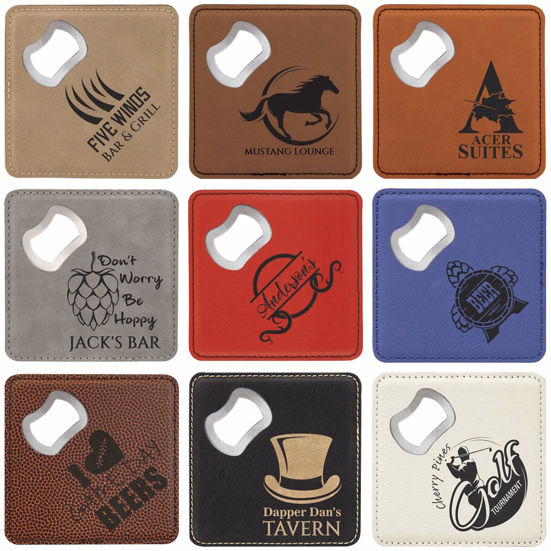 4" x 4" Laserable Leatherette Square Coaster with Built-In Bottle Opener
