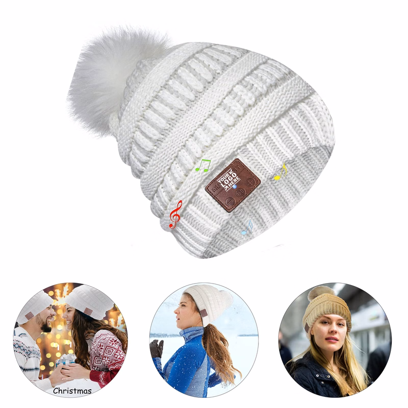 Women Winter Warm Knit Built-in Stereo Speaker Mic Wireless Cap Pompom Music Beanie Headphone Hat 