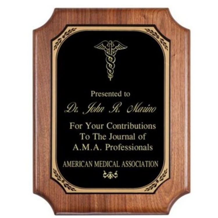 Genuine Walnut notched Corner Plaque with Black Brass Engraving Plate 9" x 12" Award 1