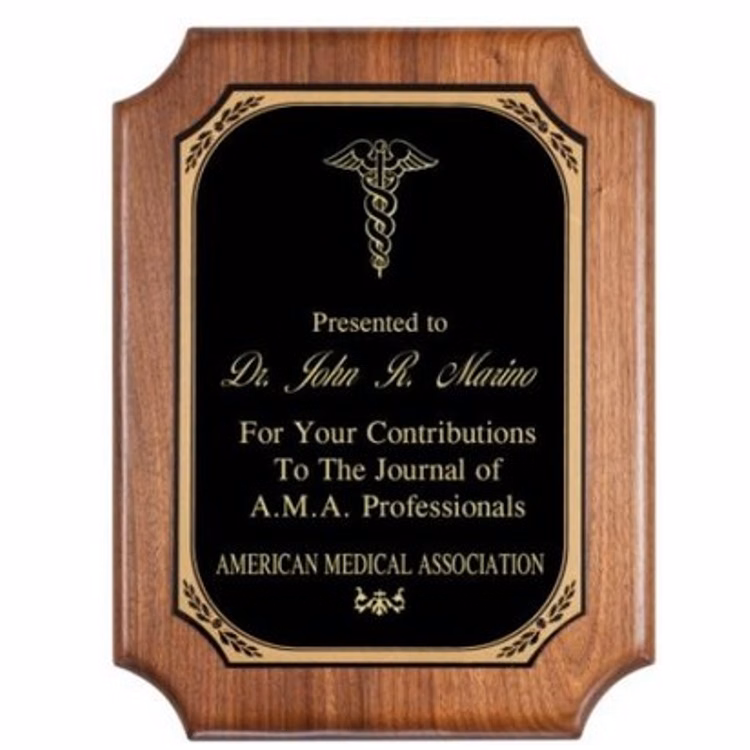 Genuine Walnut notched Corner Plaque with Black Brass Engraving Plate 9" x 12" Award