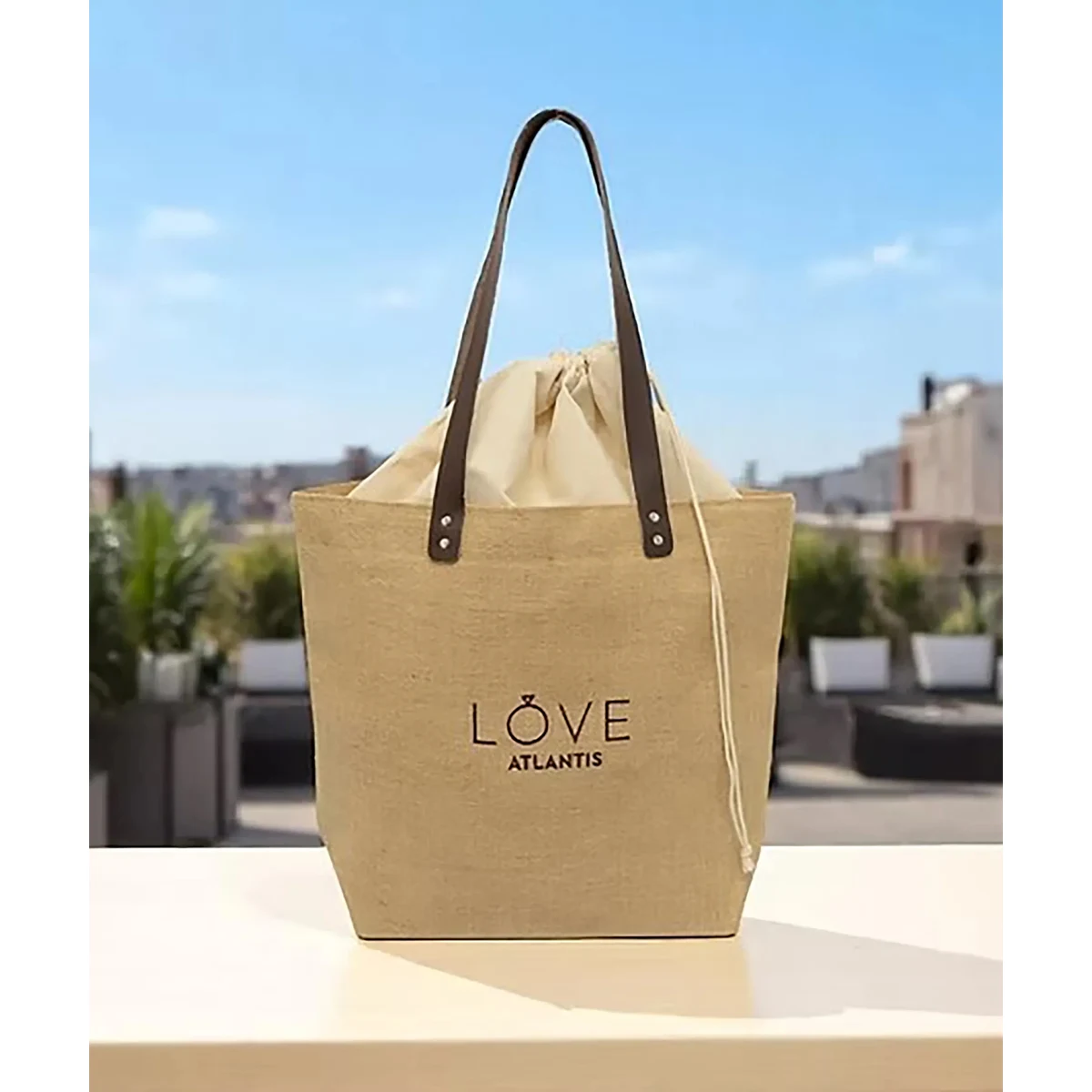 Embroidered Burlap Tote with Leather Handles, custom tote bag with logo imprint 1