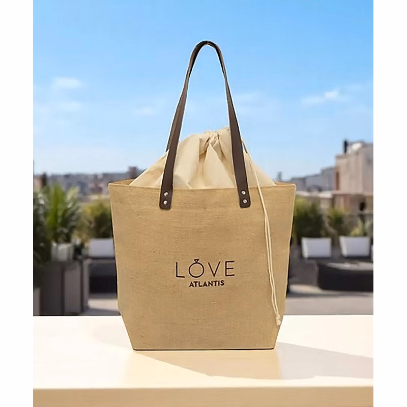 Embroidered Burlap Tote with Leather Handles