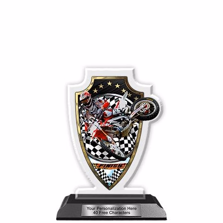 Acrylic Trophy: 6" Shield, MX RED Design, 3x5"