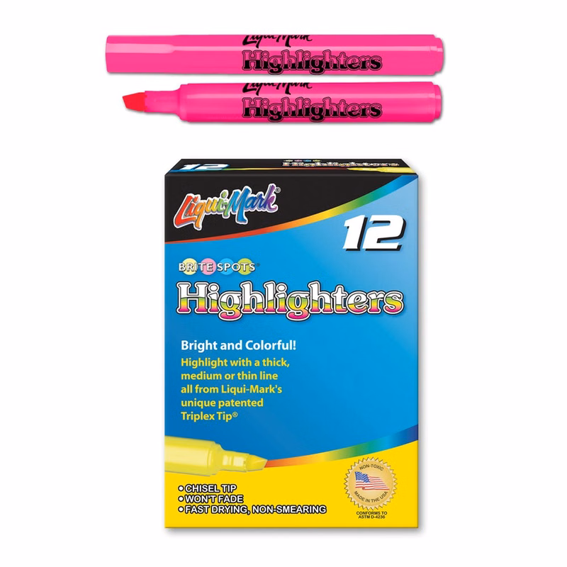 Highlighters - 12 Count Fluorescent Pink Chisel Tip