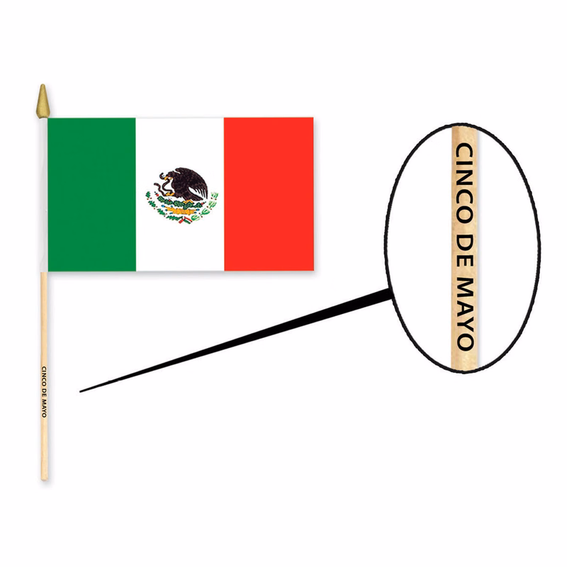 4" x 6" Polyester Mexican Flags w/ a 10 1/2" Wooden Dowel w/ a Custom Direct Pad Print on the Dowel
