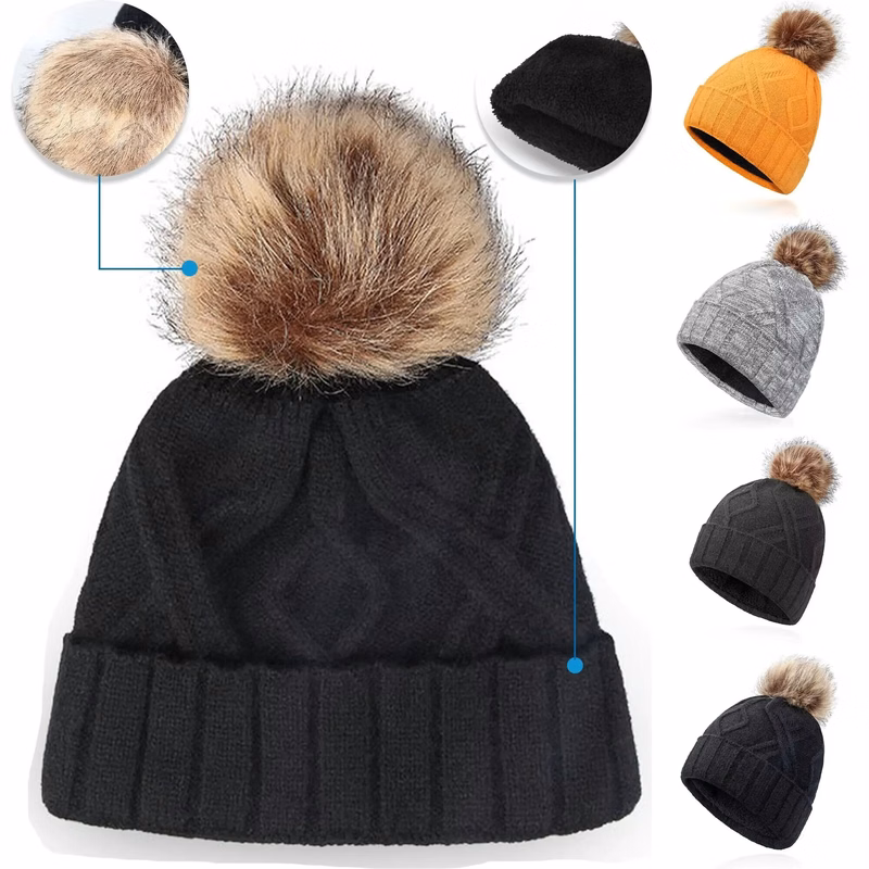 Winter Knit Hat With Faux Fur Pom
