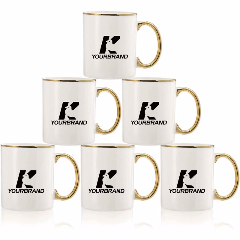 Custom 11oz White Blank Ceramic Mugs with gold handle