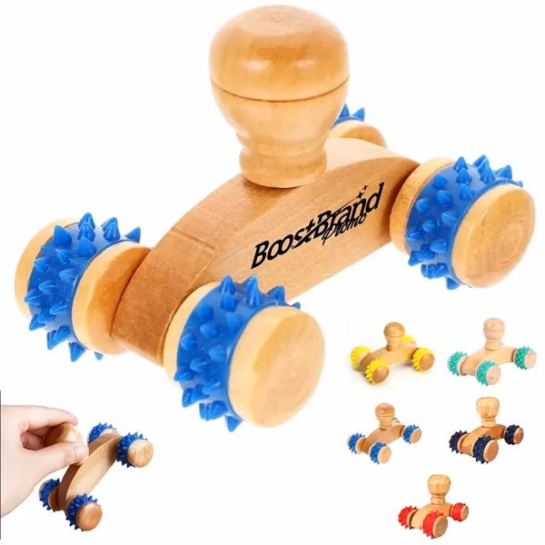 Custom Wood Handheld Massage Roller with Spiked Wheels — Deep Tissue Recovery