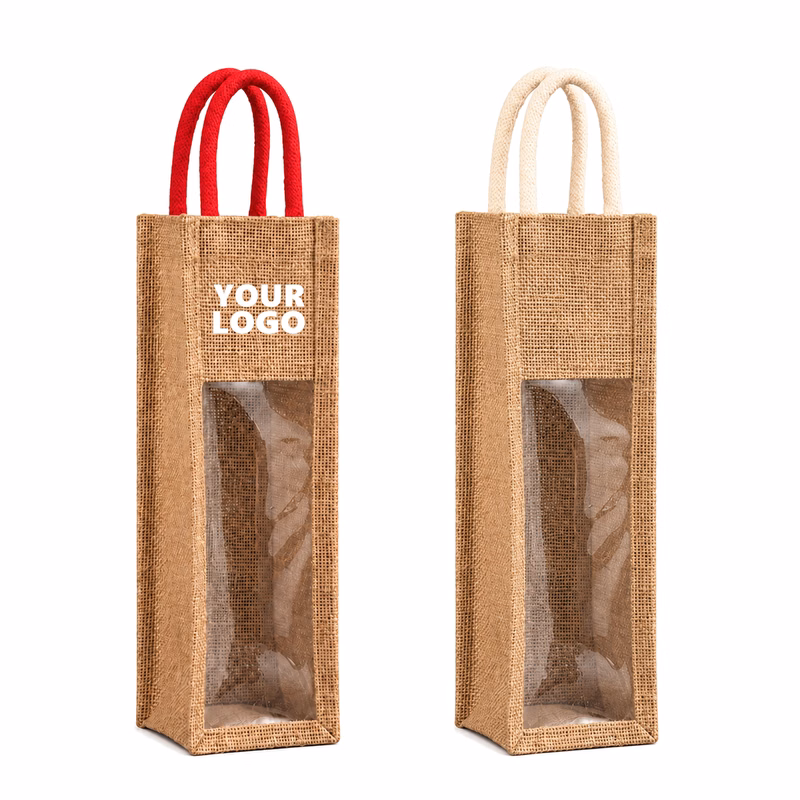 Windowed Jute Single Bottle Wine Bag