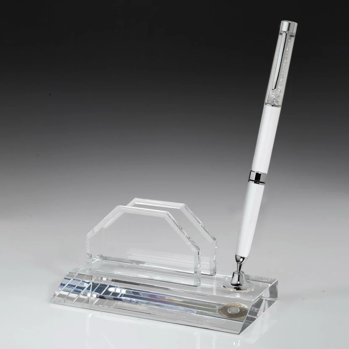 Crystal Award Business card holder Pen Set w/White Ballpoint Pen 1