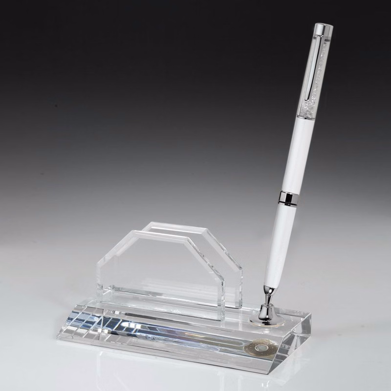 Crystal Award Business card holder Pen Set w/White Ballpoint Pen