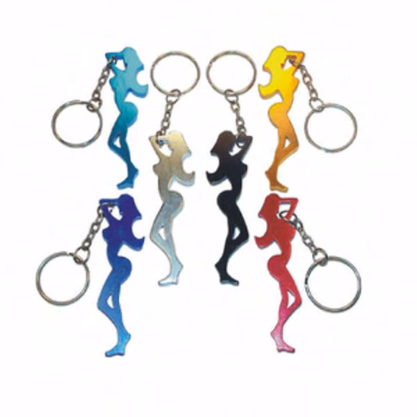 Fine figure of a woman shape bottle opener with key chain.