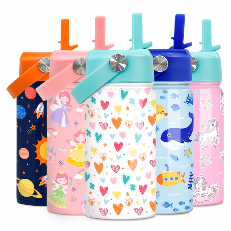 Kids Water Bottle with Straw Lid - 12 Oz Insulated Stainless Steel Heart Water Bottles for Toddlers