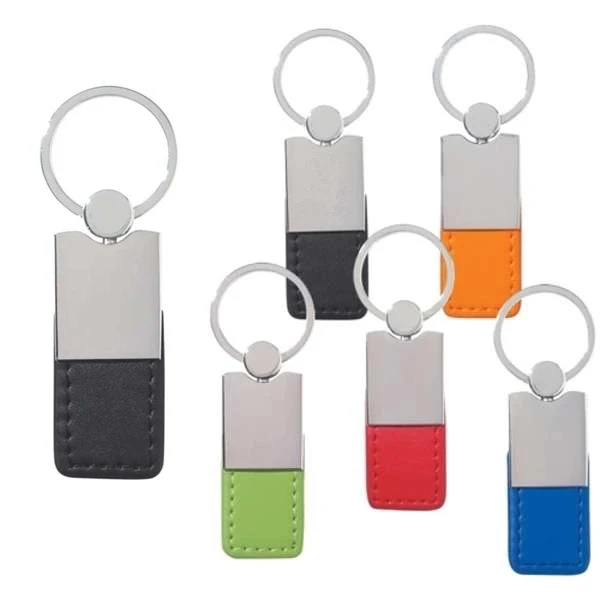 Custom Metal Key Tag with Simulated Leather Inset — Classic Branded Keychain 1