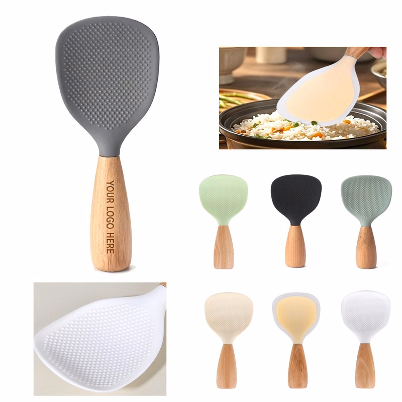 Custom Laser Engraved Logo Non-Stick Silicone Rice Paddle With Natural Oak Handle