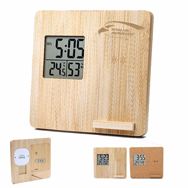 Wireless Charging Weather Temperature Humidity Bamboo Clock