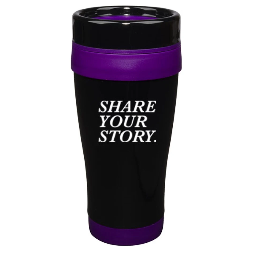 14 oz Formula Seven Stainless Steel Travel Mug with Black Lid And Purple Accents 1