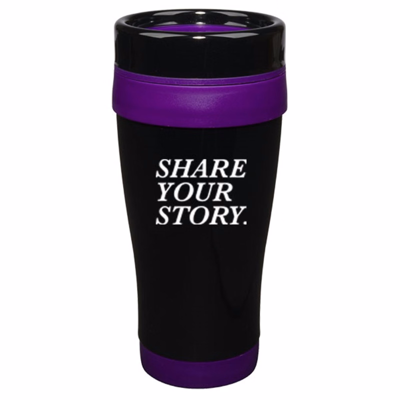 14 oz Formula Seven Stainless Steel Travel Mug with Black Lid And Purple Accents