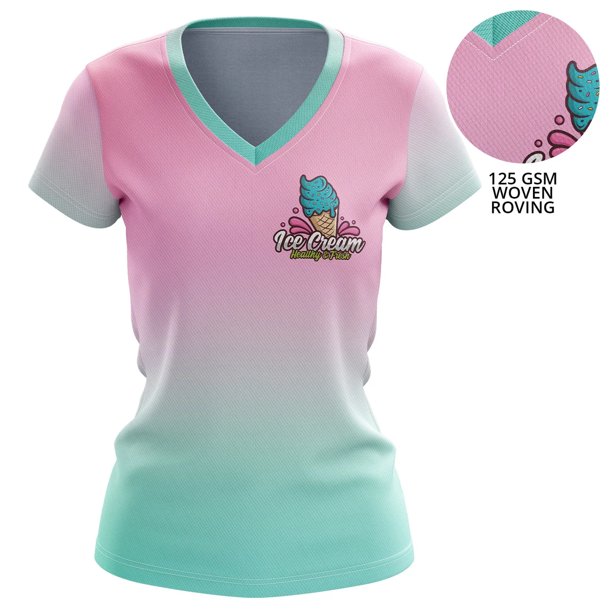 Women 125 GSM Woven Roving Performance Sublimation V-Neck Short Sleeve T-shirt 1
