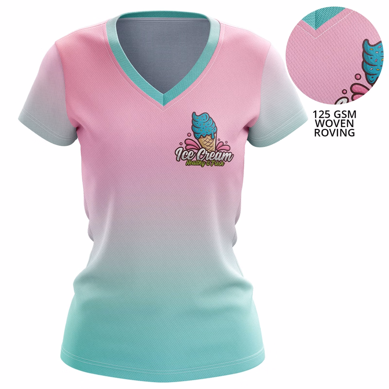 Women 125 GSM Woven Roving Performance Sublimation V-Neck Short Sleeve T-shirt