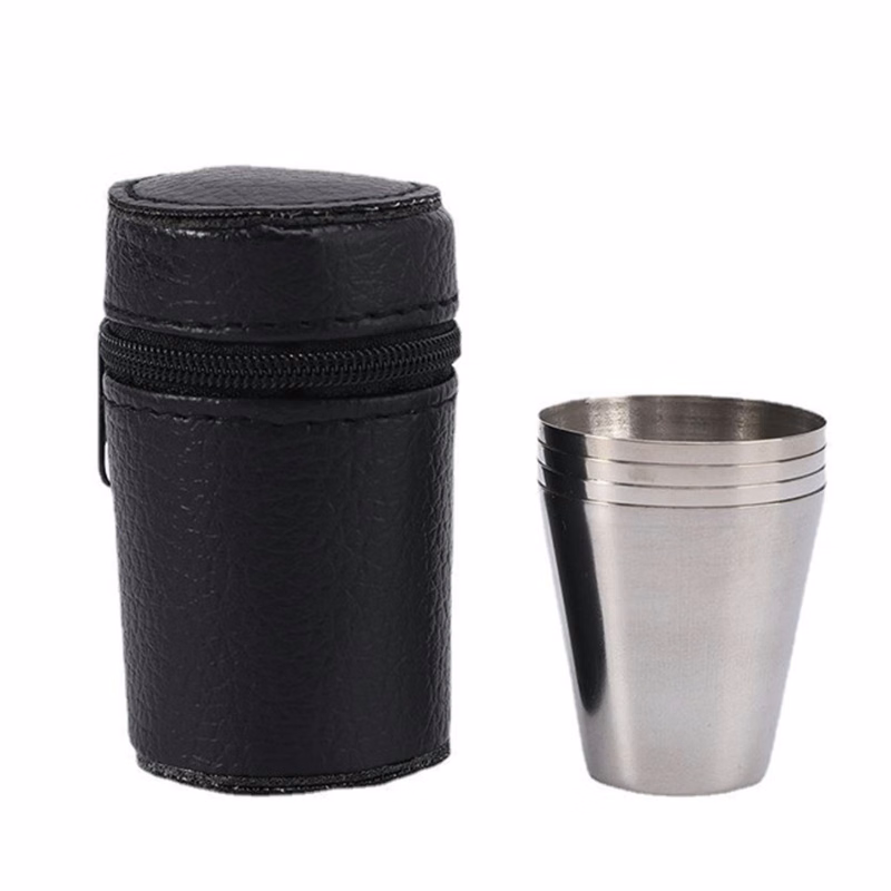 Set of 4 Stainless Steel Shot Cups Drinking Vessel With Black Case