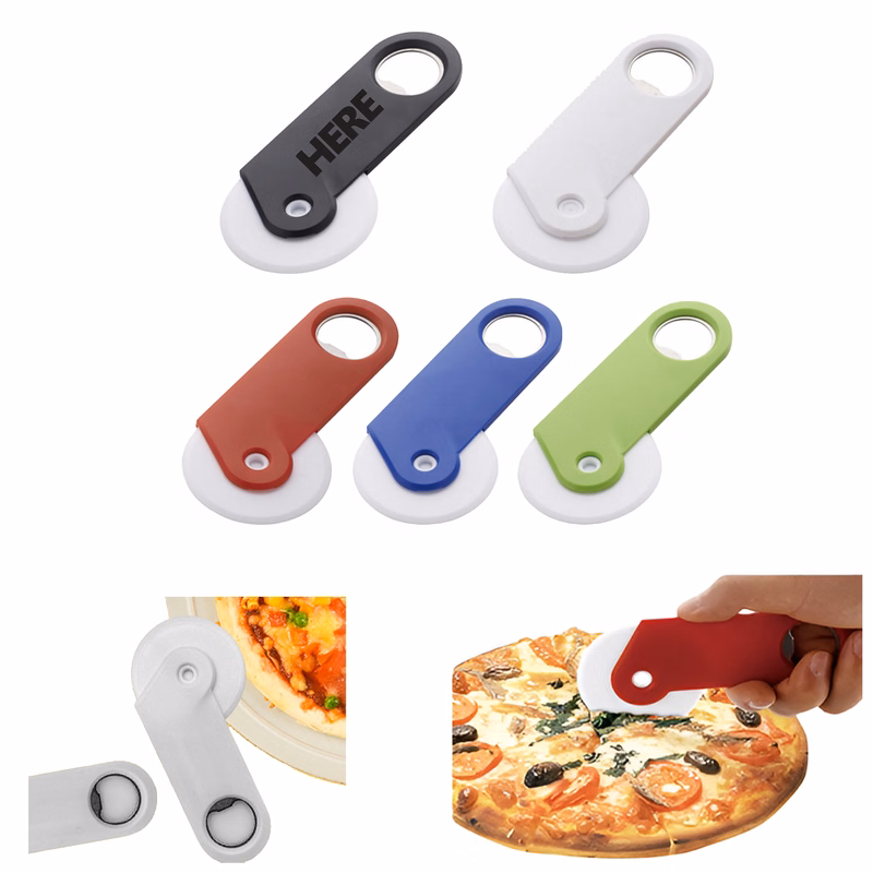 Plastic pizza cutter with bottle opener