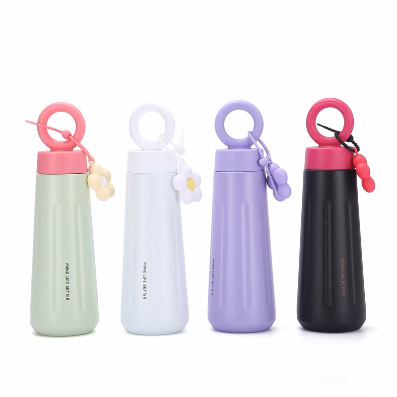 15ozStainless Steel Vacuum Insulated Water Bottle & Cup With Ring-shapedHandle And Artificial Petals
