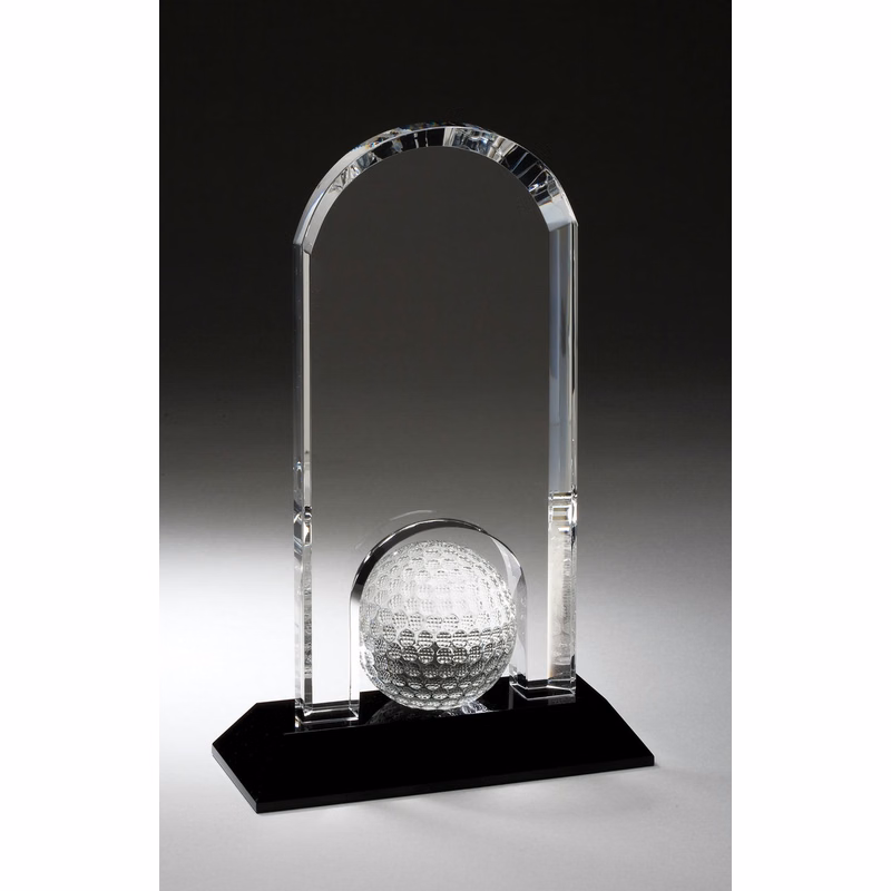 9 Inch Clear Crystal Dome With Inset Golf Ball On Black Pedestal Base