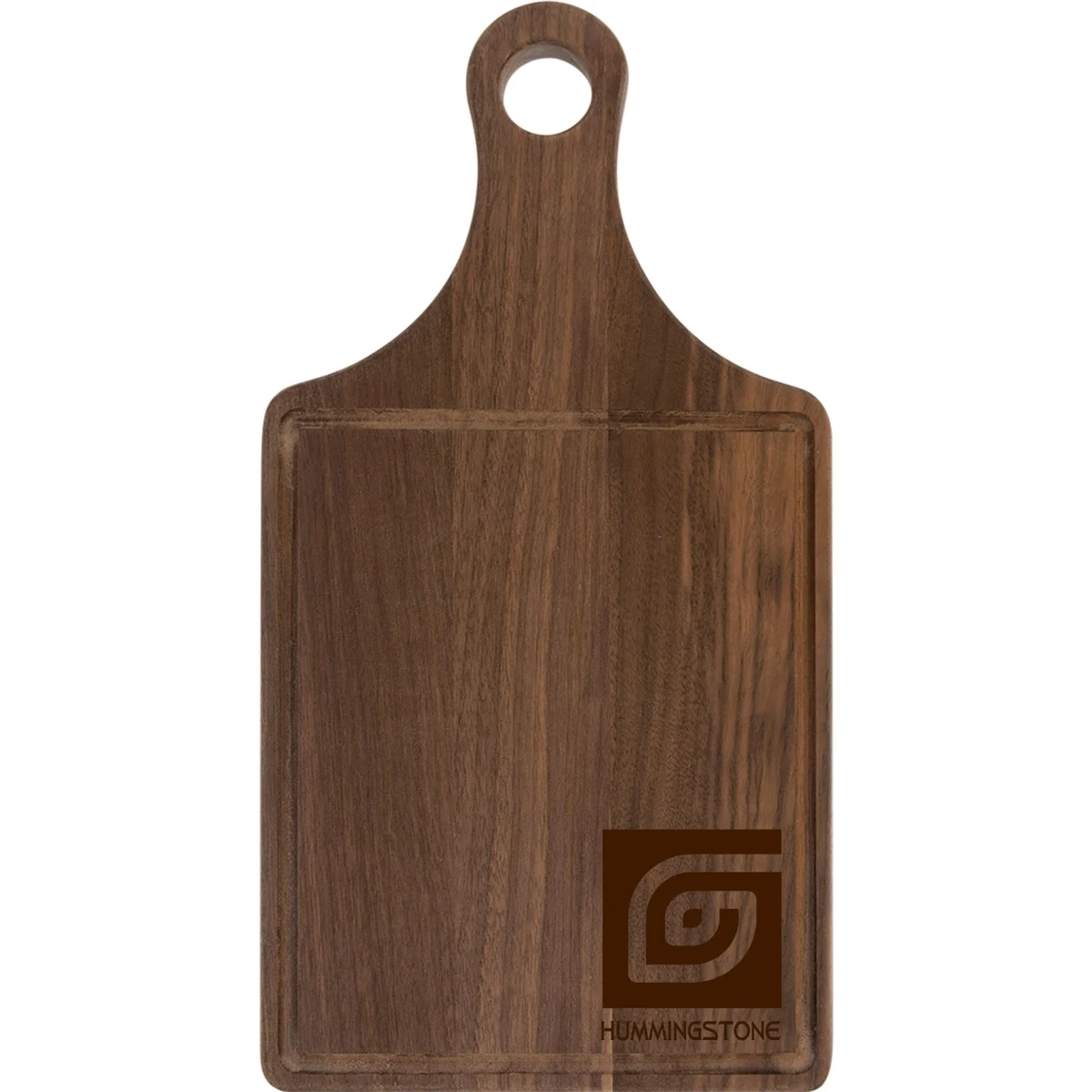 13 1/2" x 7" Walnut Cutting Board Paddle Shape with Drip Ring 1