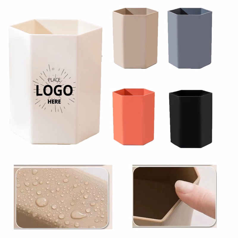 Custom Single-Color Logo Hexagonal Desk Pen Holder With Odorless Waterproof Anti-Fouling Surface