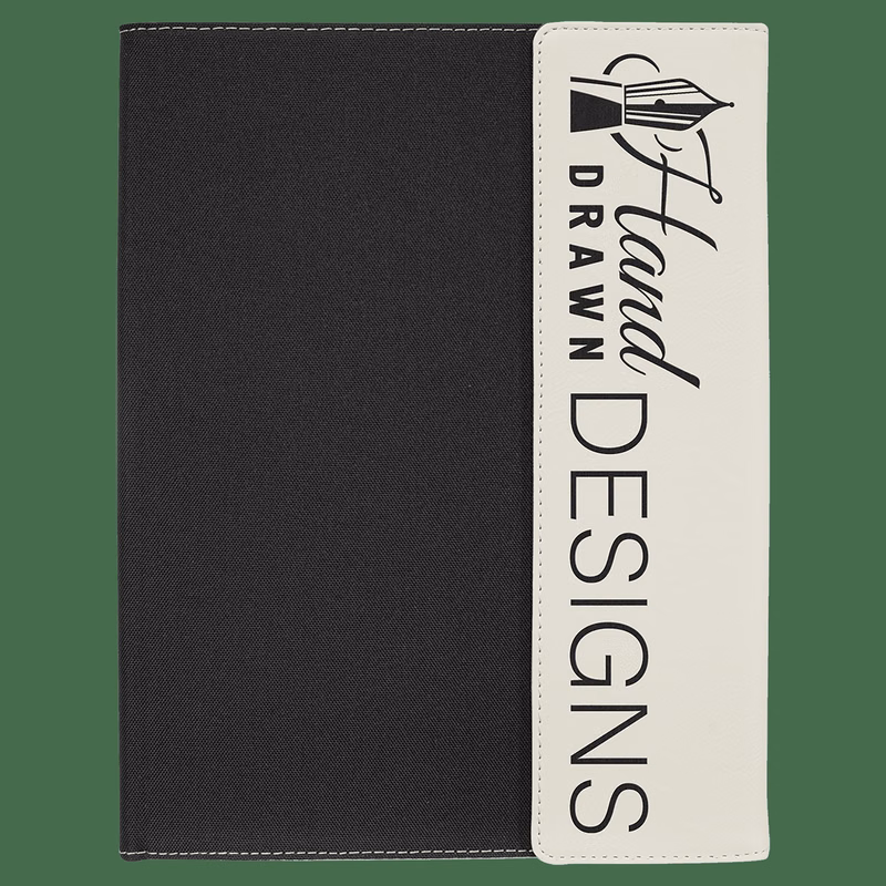 9 1/2" x 12" White Leatherette / Black Canvas Portfolio with Note Pad