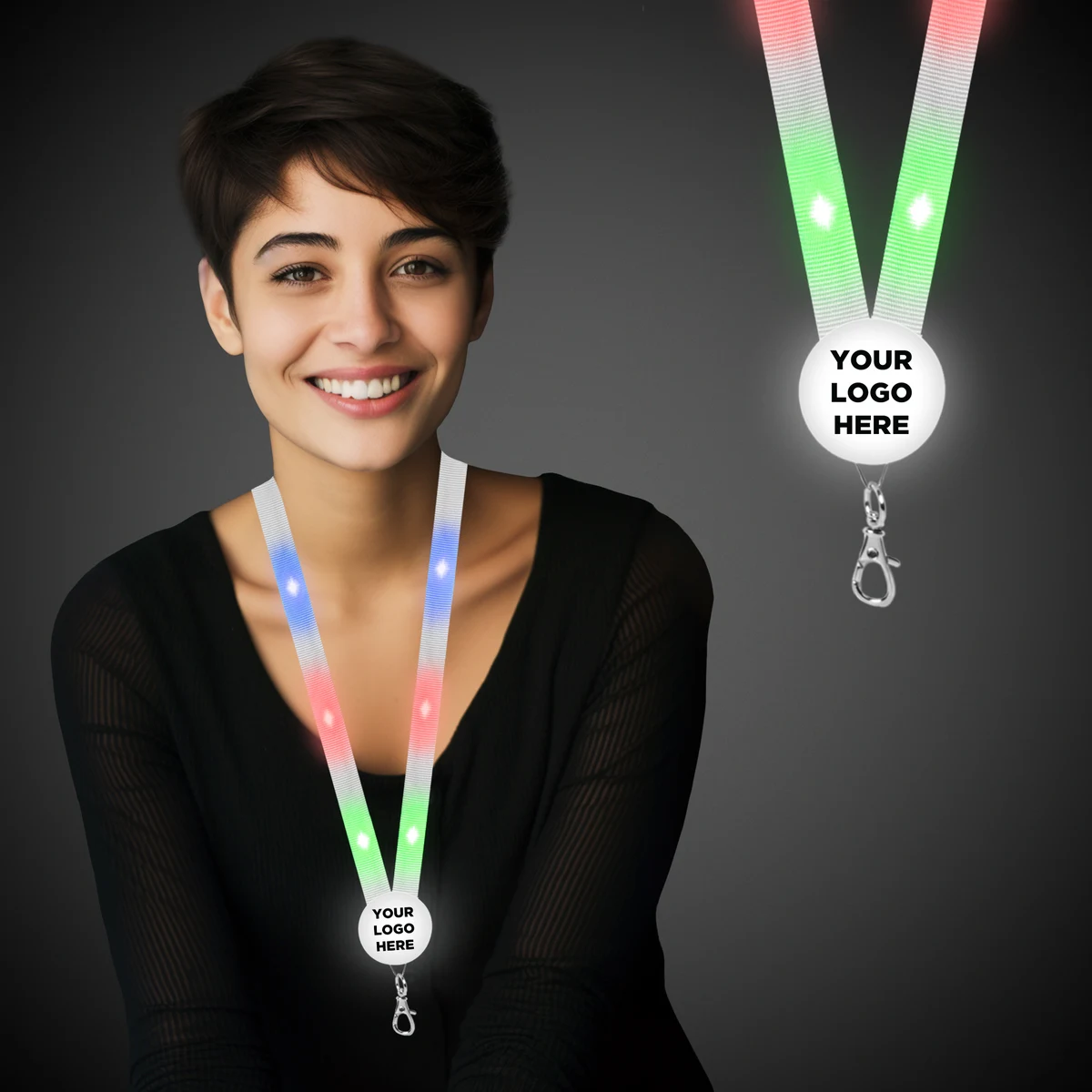 32" Light Up Fabric Flat Lanyard with Badge Clip White 1