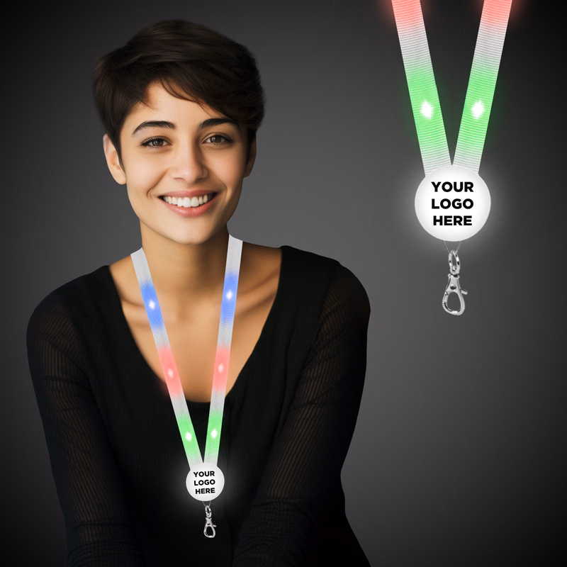 32" Light Up Fabric Flat Lanyard with Badge Clip White