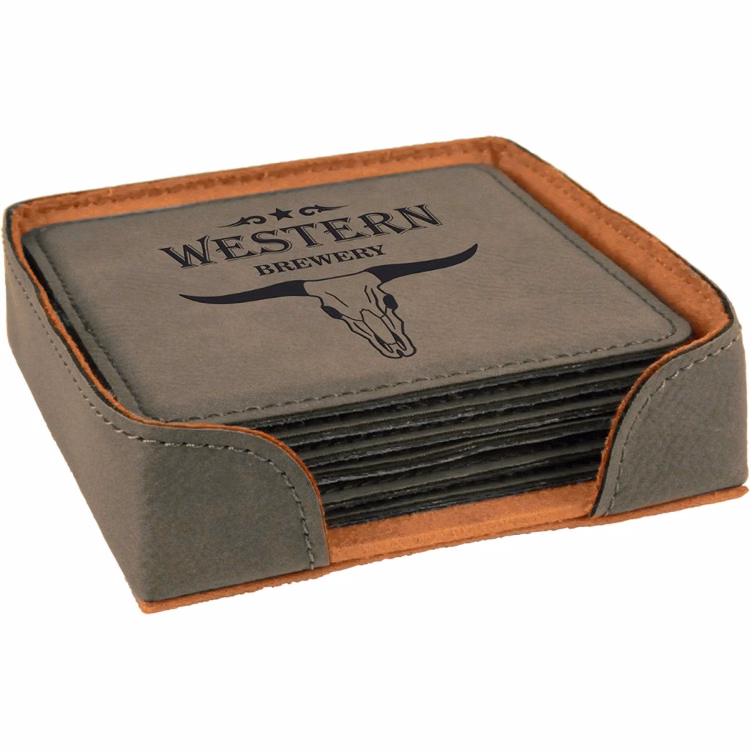 4" x 4" Gray Square Leatherette 6-Coaster Set