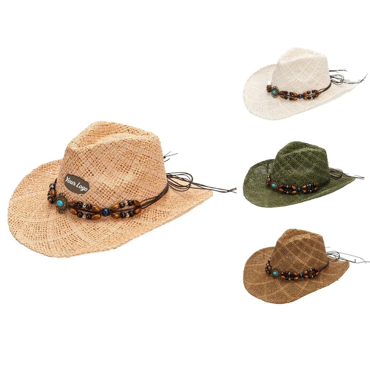 Wide Brim Sun Protection Straw Cowboy Hat with Beaded Band 1