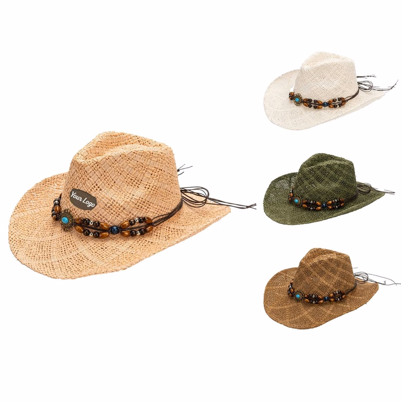 Wide Brim Sun Protection Straw Cowboy Hat with Beaded Band