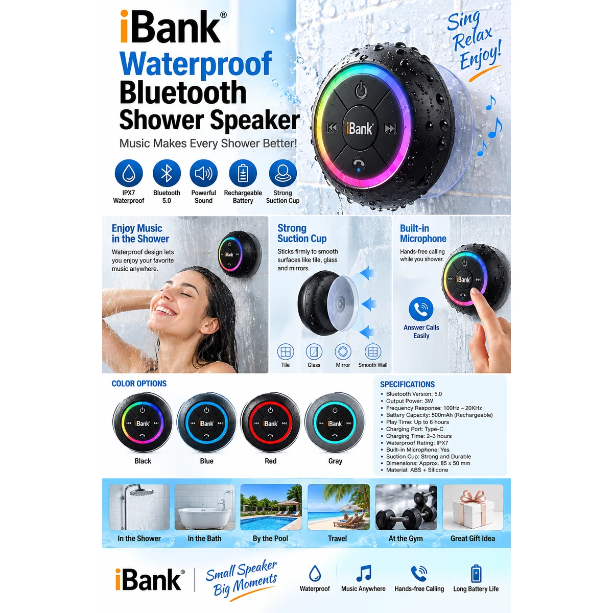 iBank ® Waterproof Bluetooth Shower Speaker with Suction Cup 1