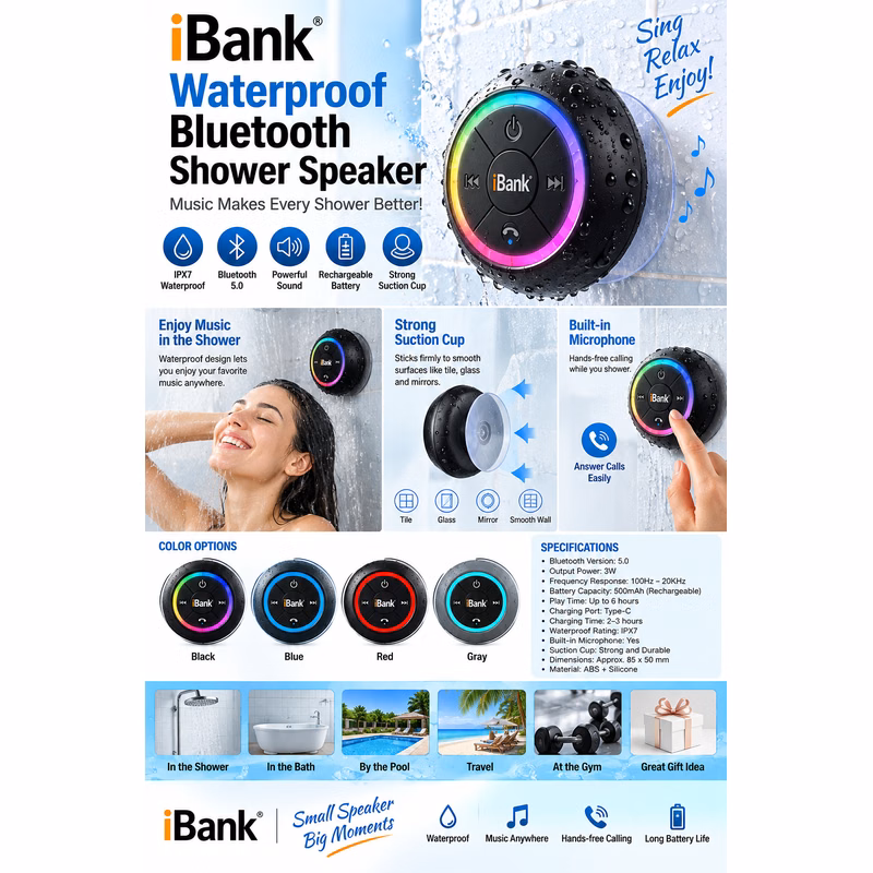 iBank ® Waterproof Bluetooth Shower Speaker with Suction Cup