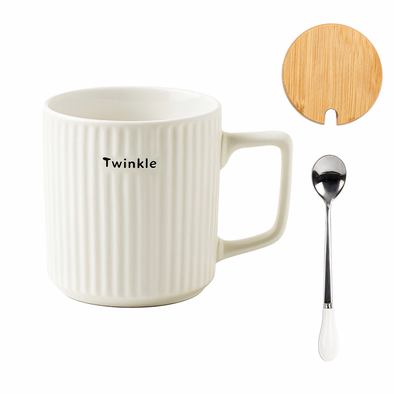 Vertical Striped Wooden Lid Ceramic Mug