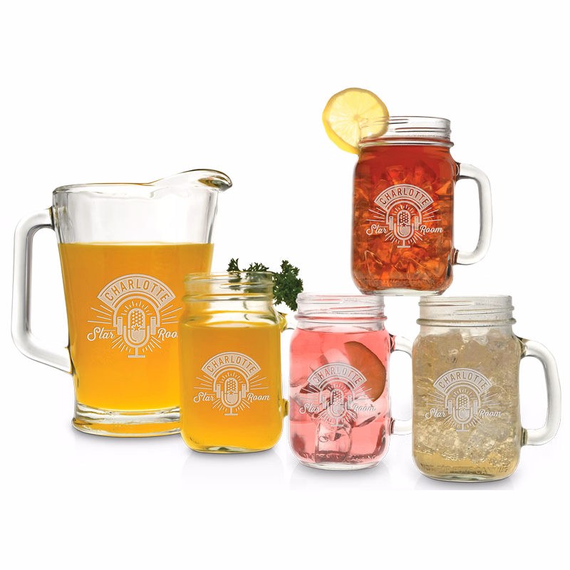 Pitcher and Handled Jar Glass Set - Deep Etched