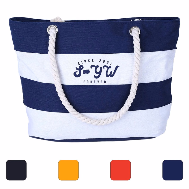 High-End Striped Canvas Tote Bag With Drawstring Handles