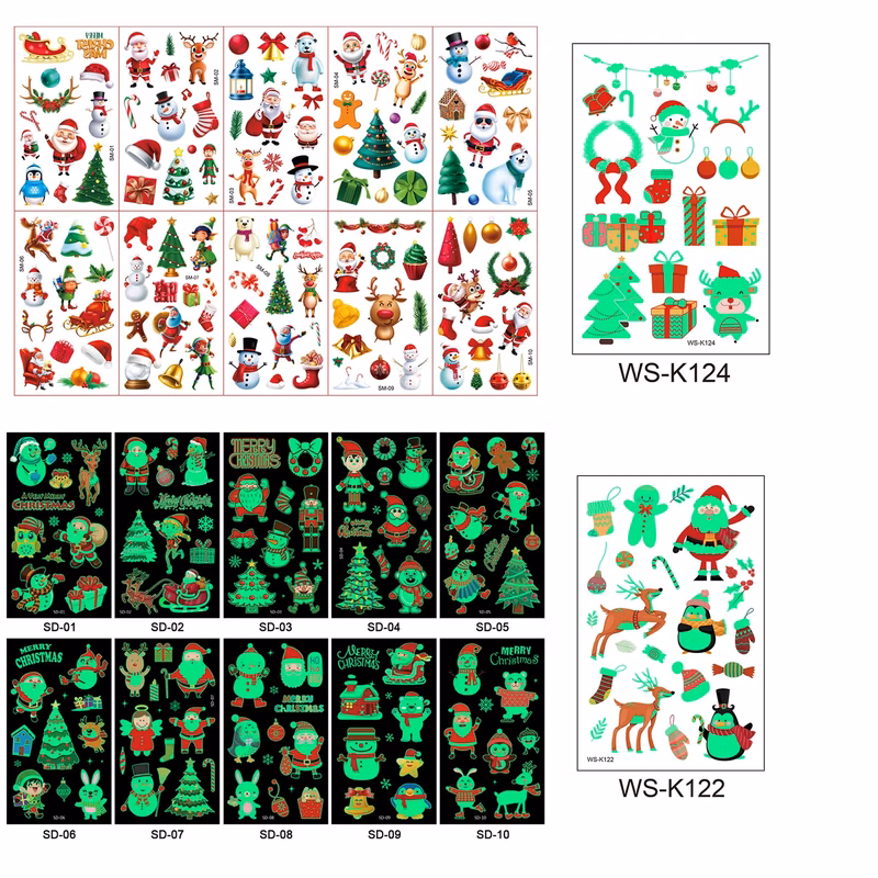 Set of 10 Christmas Glowing Temporary Tattoo Stickers