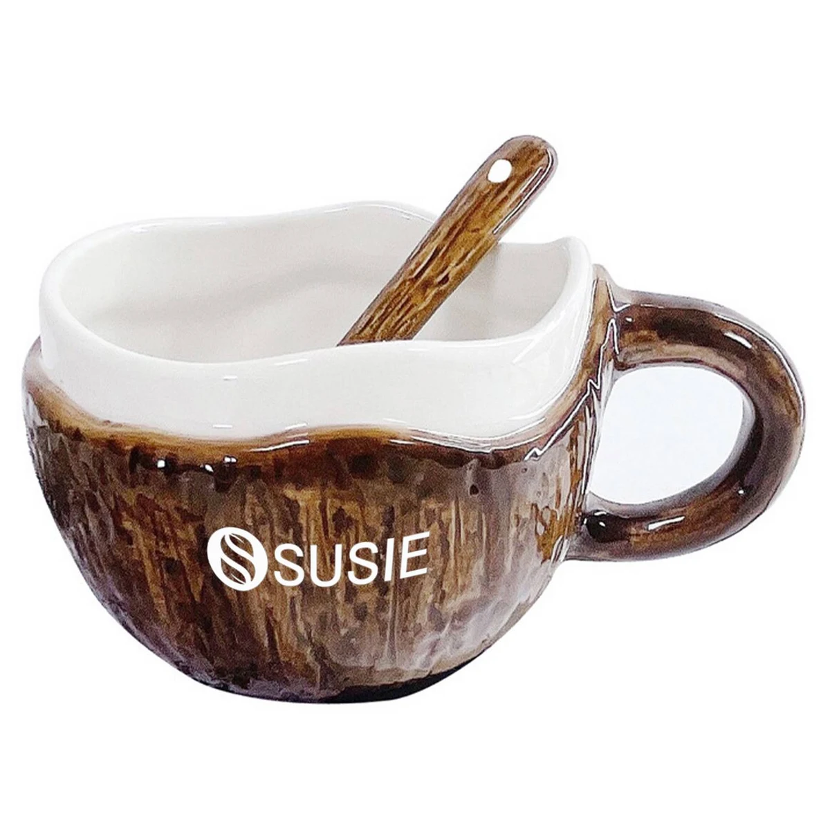 9oz Irregular Ceramic Coconut Cup w/ Spoon 1
